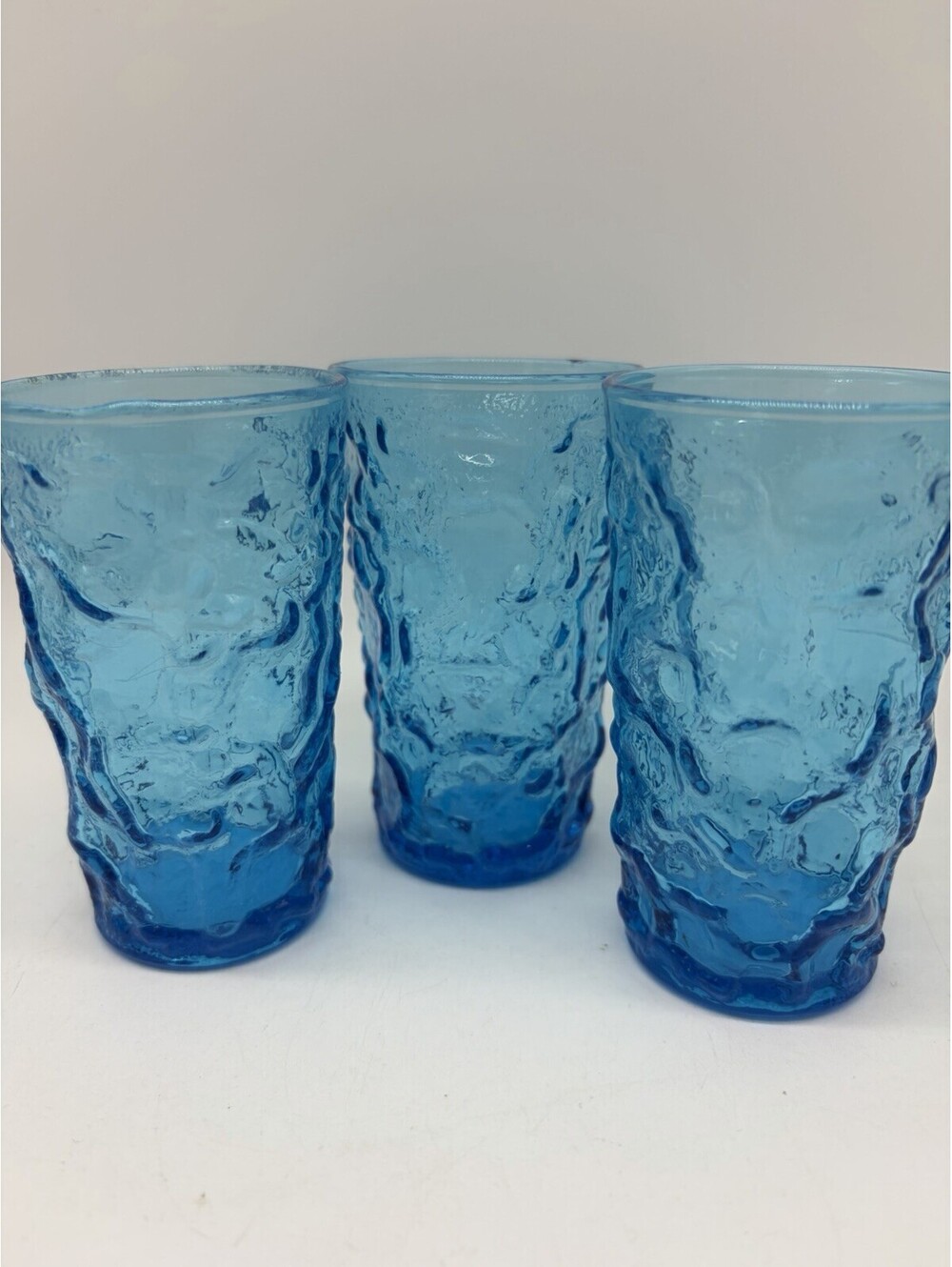 3 Anchor Hocking Milano Lido Vintage MCM Aqua Crinkle Juice Glasses Blue Retro